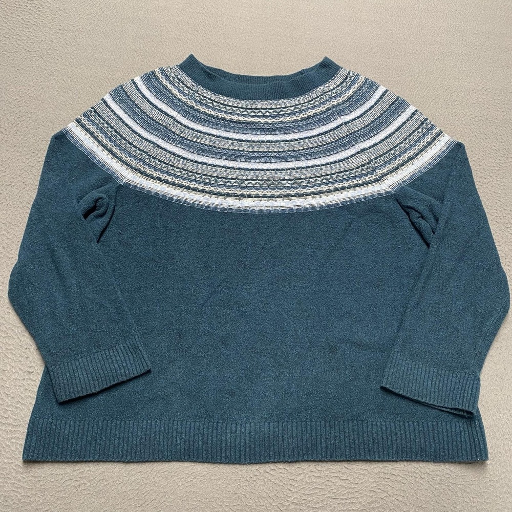 J Jill Sweater Womens Medium Blue Fair Isle Yoke Crew Neck Knit Pullover